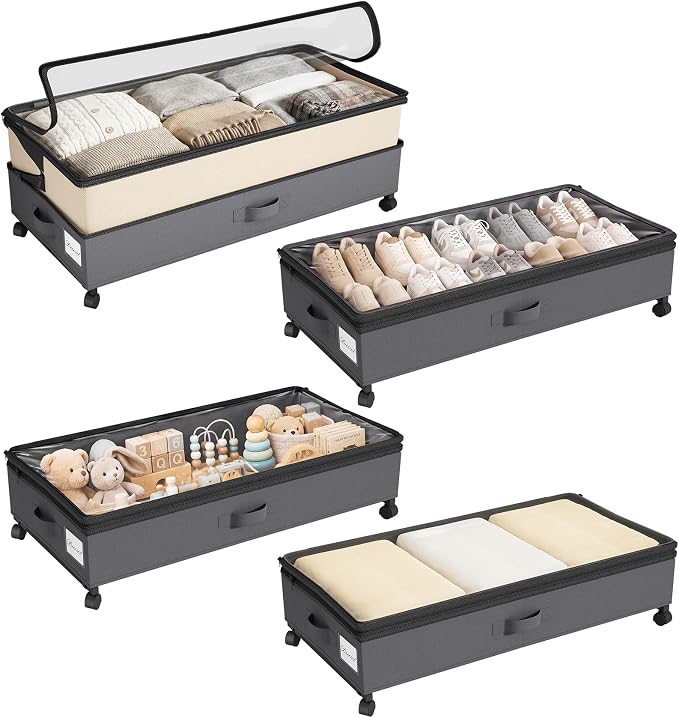 Kitstorack 4 Pack Height-adjustable Under Bed Storage with Wheels, Under Bed Storage Containers,Under Bed Shoe Storage Organizer with Clear Window&Label, Suitable for Clothes Storage, Beige & Gray by Kitstorack