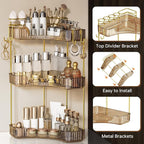3-Tier Corner Bathroom Counter Organizer，Makeup & Skincare Shelf with Built-in Brush Holder，Space-Saving Bathroom Countertop Organizer for Skincare, Perfume, Cosmetics(Amber) - Image 3