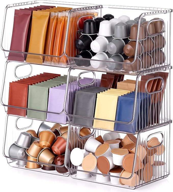 Novabright 6 Pcs Clear Plastic Storage Bins Stackable Pantry Storage Organizer Kitchen Cabinet Organizers Ideal Containers for Coffee Pod Tea Sugar Bag Office Fridge Caddy by Unknown