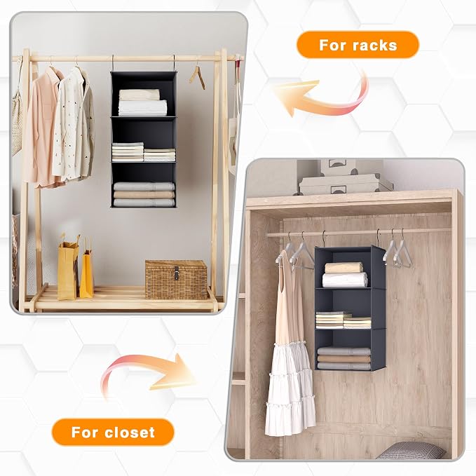 Hanging Closet Organizer 3-Shelf, Oxford Fabric Wardrobe Storage, Dark Gray | Easy-mount foldable design holds clothes, handbags, shoes & accessories; washable Oxford fabric, sturdy and space-saving. - Image 5