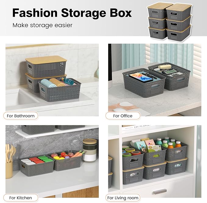 Ohmlove 6 Pack Plastic Storage Baskets with Bamboo Lids for Organization - Image 7