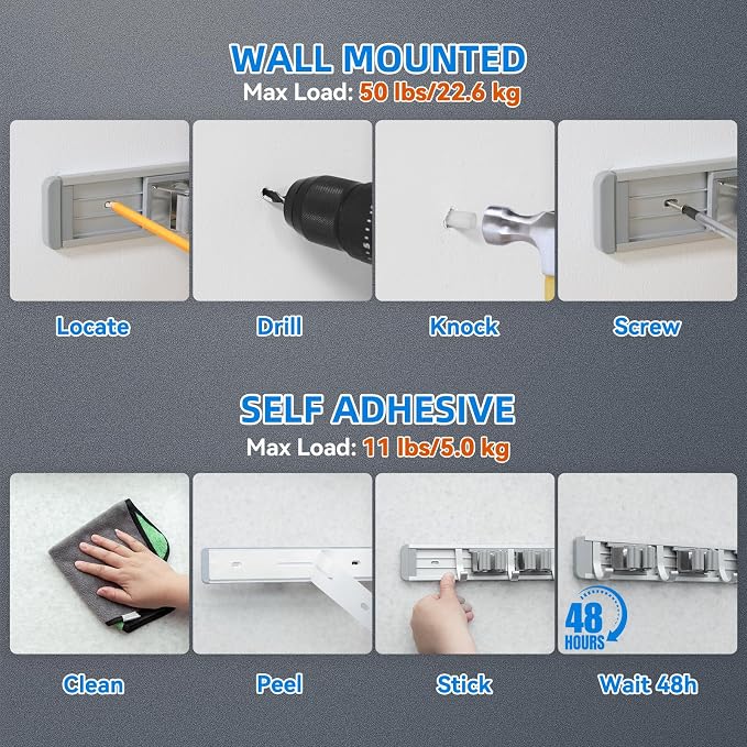 reliahom Broom Holder Wall Mount Mop Hanger Tools organizer 4Racks 5Hooks - Image 3