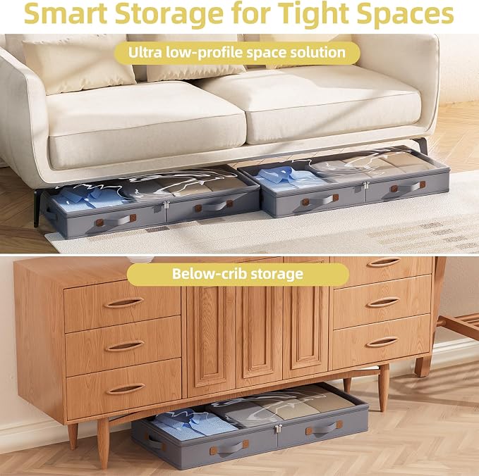 FHSQX Under Bed Storage Container 3 Inches Low Profile Under-bed Organizer Bins Slim Under Couch Storage Box Ideal For Seasonal Clothes Blankets Towel Fabric (1, Drak Grey, 31.5 * 17 * 3in) - Image 6