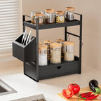 2-Tier Bathroom Counter Organizer, Wooden Vanity Shelf with Drawer & Basket - Image 6