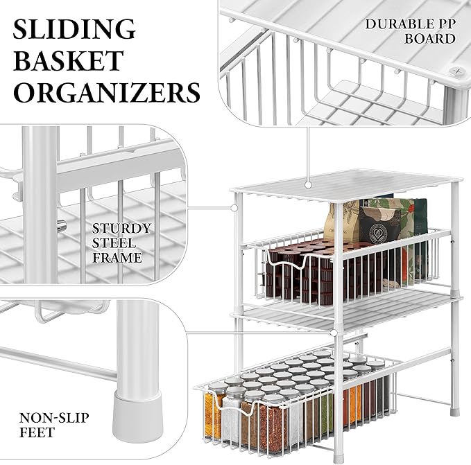 Simple Houseware Wired Stackable Under Sink Cabinet Sliding Basket, White - Image 4