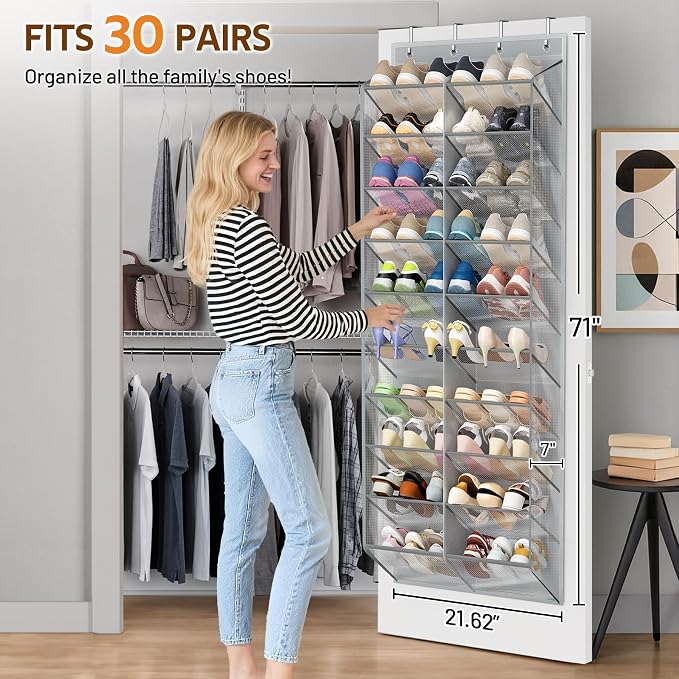 MISSLO 30 Pairs Over the Door Shoe Organizer Breathable Mesh Hanging Shoe Rack for Closet Storage with Wide Deep Pockets 10 Tier Shoes Holder Fit All the Family's Sneakers, Boots, Heels (Grey, 71") - Image 2