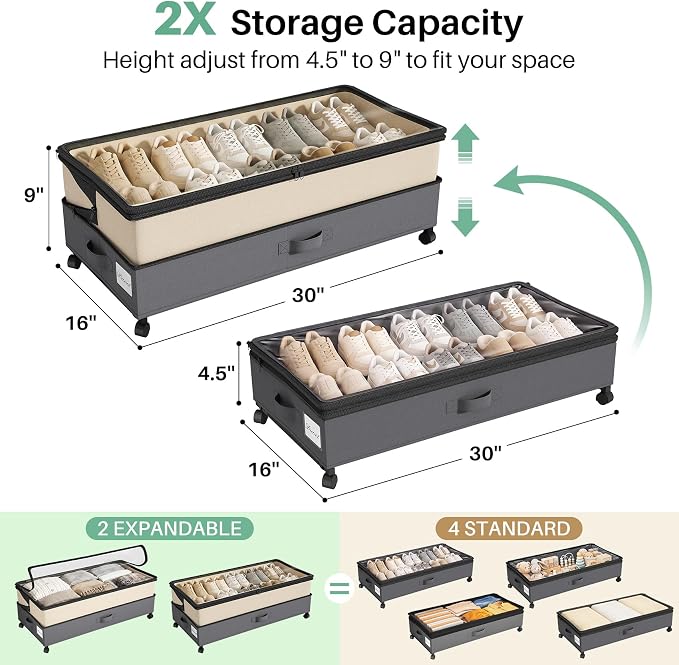 Kitstorack 4 Pack Height-adjustable Under Bed Storage with Wheels, Under Bed Storage Containers,Under Bed Shoe Storage Organizer with Clear Window&Label, Suitable for Clothes Storage, Beige & Gray - Image 3