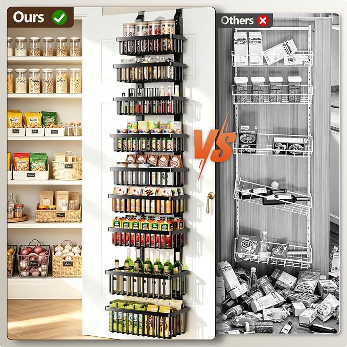 POKIPO 9 Tier Narrow Over The Door Pantry Organizer, 2 in 1 Wall Mount or Hanging Spice Rack with Adjustable Deep Basket, Heavy-Duty Seasoning Organizer and Storage for Kitchen Closet Bathroom - Image 8