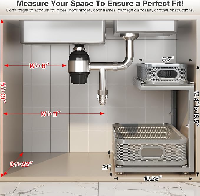 2 Pack 21IN-Depth Under Sink Organizer With Next-Gen Ball-Bearing Slides,2-Tier Precision Mesh Pull Out Cabinet Storage for Bathroom&Kitchen,Height Adjustable Drawers Shelf,Anti-rust-Grey - Image 2