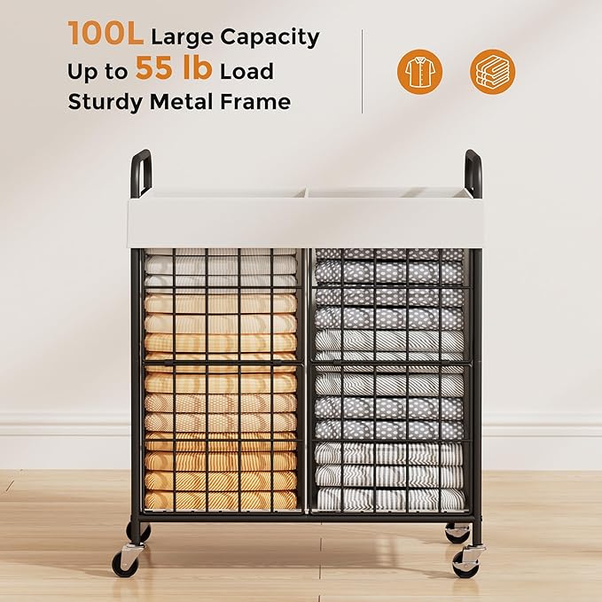 100L 2-Section Laundry Hamper with Wheels, Laundry Basket with Liner Bag - Image 2