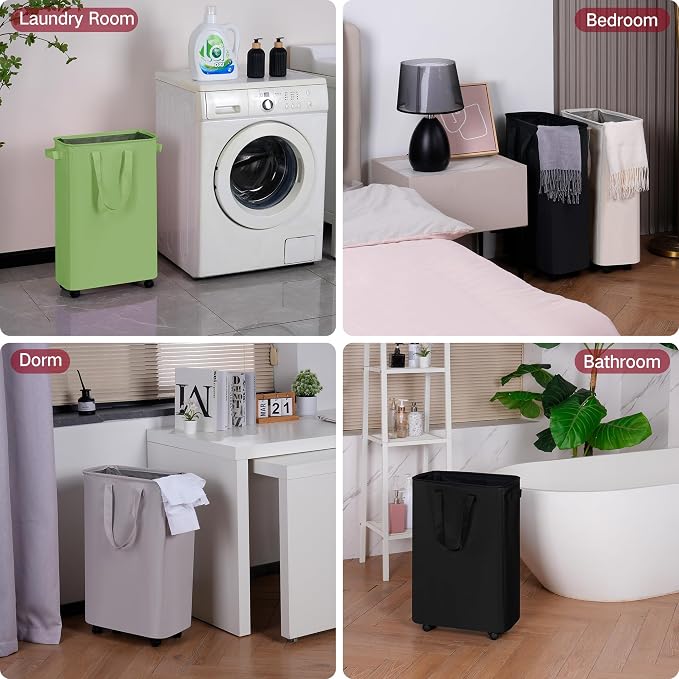 efluky Slim Laundry Hamper with Wheels, Rolling Laundry Basket for Clothes, Small Laundry Basket for Bedroom, Dorm and Laundry Room, 75L (19.8 Gallons) Green - Image 6