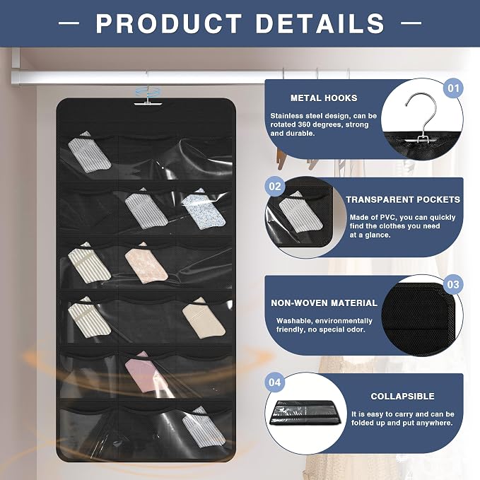 26-Pocket Hanging Closet Organizer for Socks and Underwear, Black - Image 4