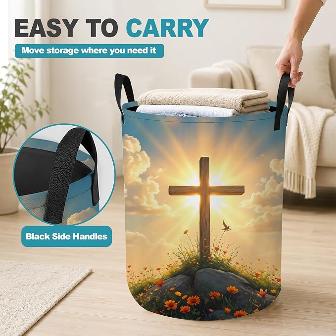 Cross Wildflower Collapsible Laundry Hamper,Easter Sunrise Flowers Waterproof Oxford Cloth Clothes Basket with Handles for Bathroom Bedroom Nursery Dorm Room,16" x 20" - Image 5