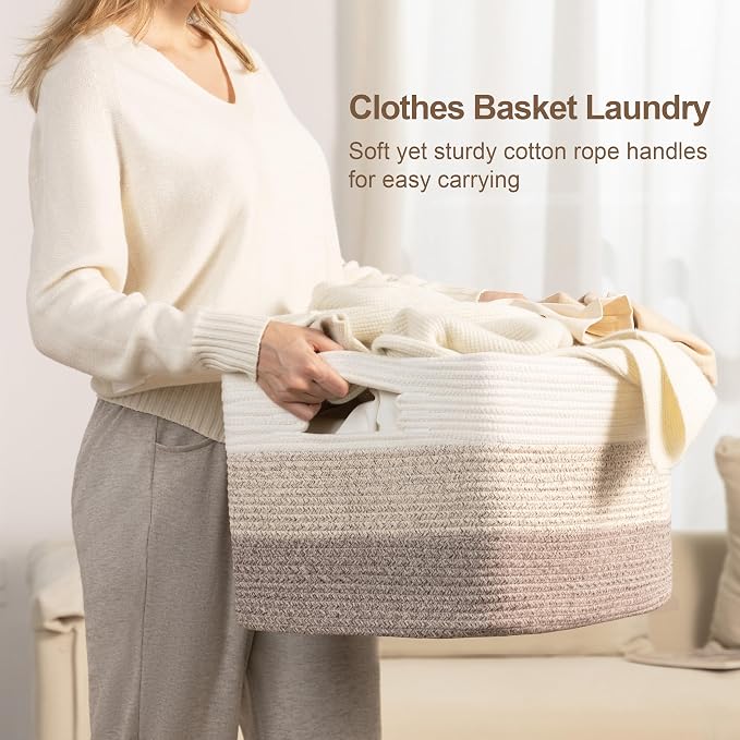 60L Woven Laundry Basket Hamper with Handles, Gradient Brown - Image 3
