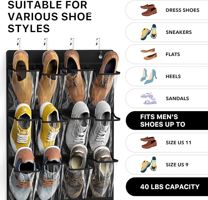 Simple Houseware 24 Pockets Large Clear Over the Door Shoe Organizer, Black | 56" x 22.5", 4 Durable Metal Hooks, 5" x 9" Pocket Size, Multipurpose - Image 3