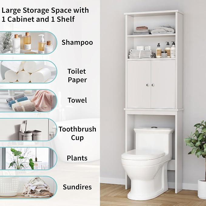 Shintenchi Over the Toilet Storage Cabinet, Bathroom Above the Toilet Rack, Bathroom Adjustable Shelf Organizer with Open Bottom Bar and Anti-Tip Device, White - Image 4