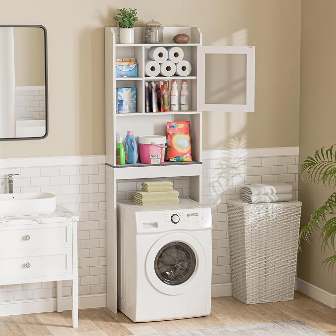SUPER DEAL Over The Toilet Bathroom Storage Cabinet Freestanding Wooden Bathroom Organizer with Adjustable Shelves and Glass Door, White - Image 3