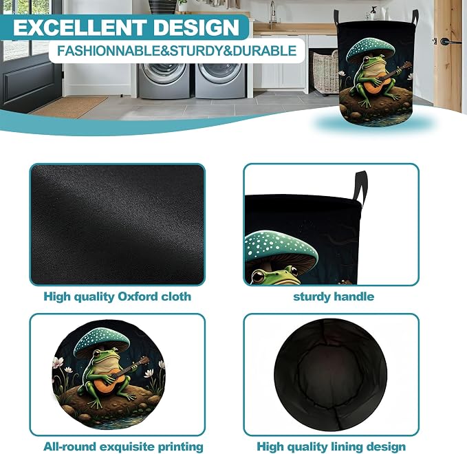 Frog Guitar Dirty Clothes Hamper,Foldable Laundry Basket with Handles,Mushroom Forest Waterproof Oxford Cloth Storage Bin for Bedroom Bathroom Nursery,16 x 20 Inch - Image 6