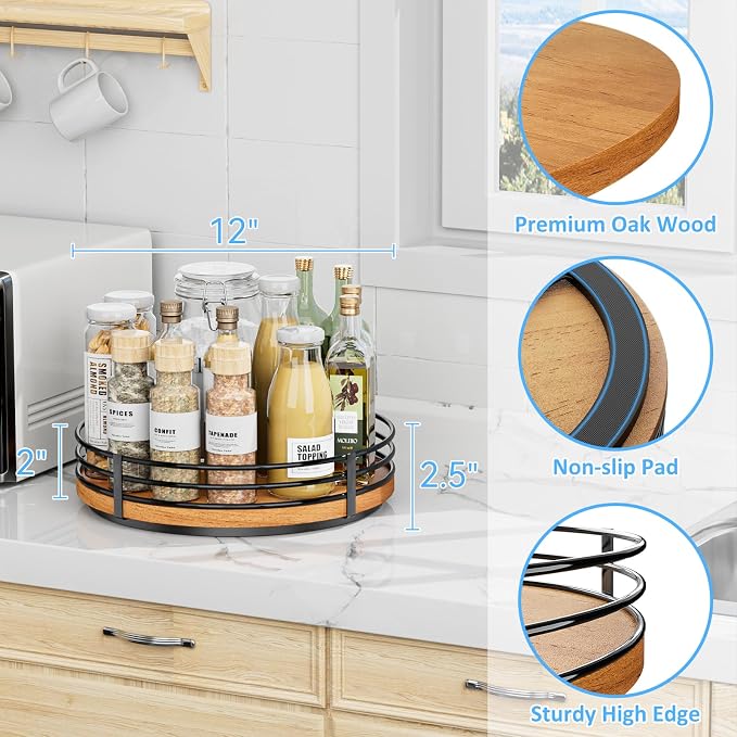 12" Lazy Susan Turntable Organizer - Oak Wood Lazy Susan for Cabinet Kitchen Countertop Dining Table Pantry Cupboard Bathroom Coffee Bar Storage Spice Rack Home Decor - Image 5