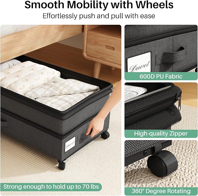 Kitstorack 2Pack Height-adjustable Under Bed Storage with Wheels, Under Bed Storage Containers,Under Bed Shoe Storage Organizer with Clear Window&Label, Suitable for Clothes Storage, Black - Image 4