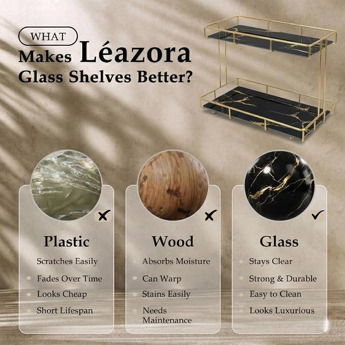 2-Tier Black Marble Bathroom Countertop Organizer – Glass Shelves & Gold Metal Frame, Stylish Vanity Storage Shelf for Perfume, Skincare, Makeup & Toiletries - Image 3