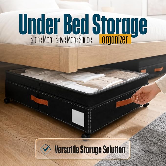 Under Bed Storage Organizer with Wheels, Rolling Under Bed Storage Containers with Clear Lid, Dual Zippers, Handles, Storage for Clothes, Shoes, Blankets, Toys,2-pcs Under Bed Drawers-Black - Image 2