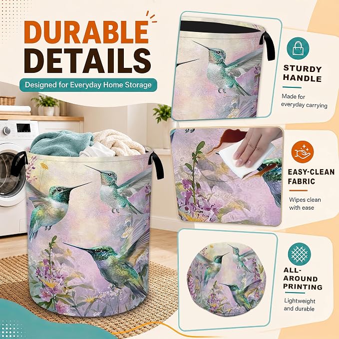 Hummingbird Laundry Basket with Handles,Purple Flower Foldable Oxford Laundry Hamper,Collapsible Clothes Storage Basket for Laundry Room/Bathroom/Bedroom/Dormitories 20.8 x 16 Inches - Image 3