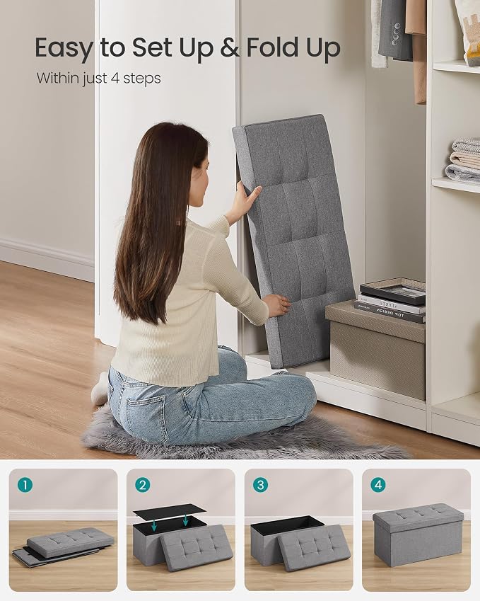 SONGMICS 30 Inches Folding Storage Ottoman Bench, Load 660 lb | Ottoman Foot Rest, Storage Chest, for Living Room, Entryway, Dove Gray and Ink Black, MINOTA Collection ULSF47G - Image 7