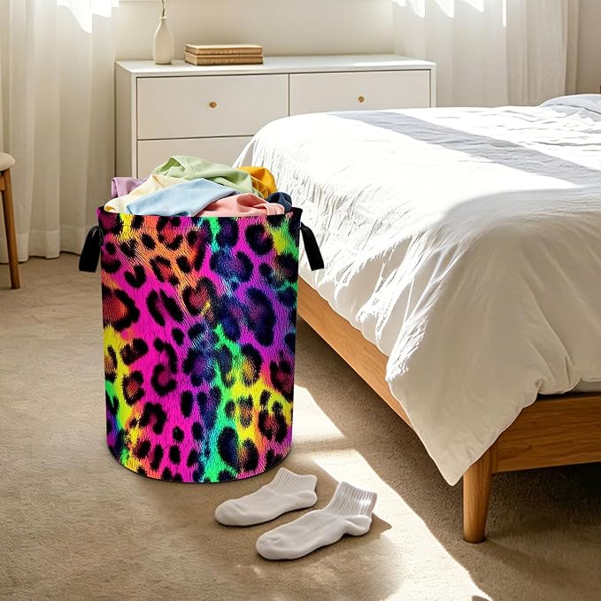 Leopard Laundry Basket Foldable Laundry Hamper With Handles Clothes Storage Bucket Organizer Laundry Bag For Bedroom Bathroom Laundry Storage 19.6 x 15.7 - Image 6