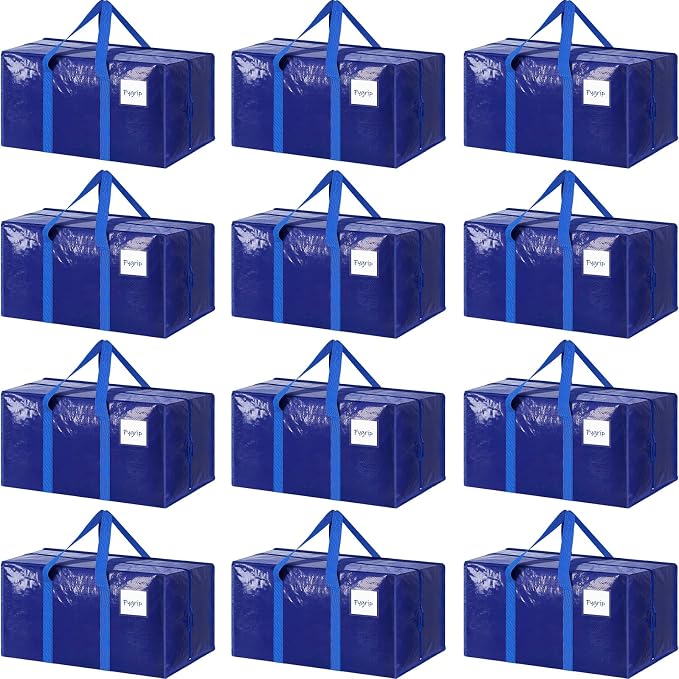 12 Pack Extra Heavy Duty Large Moving Bags with Strong Zipper, Blue | Comfortable Handles, Sturdy & Durable Clothes Storage Bags Totes Bins, Blue Packing Moving Boxes for College Supplies by Fygrip