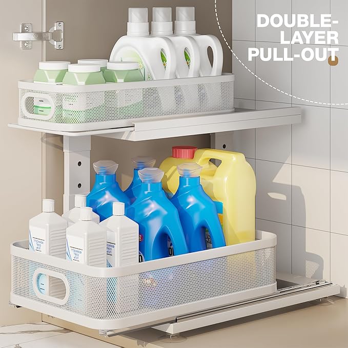 2 Pack Under Sink Organizer With Next-Gen Ball-Bearing Slides,2-Tier Precision Mesh Pull Out Cabinet Drawers Storage for Bathroom&Kitchen,Height Adjustable Shelf,Rust-resistant-Patent Pending - Image 4