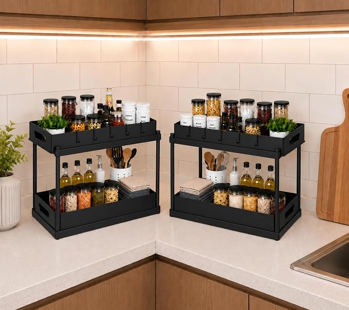 2 Pack Under Sink Organizer, Pull-Out Cabinet Storage Organizers for Bathroom & Kitchen, Multi-Purpose Under Counter Shelf Rack for Cleaning Supplies, Bottles & Toiletries, Cabinet Organizer-Black by Unknown