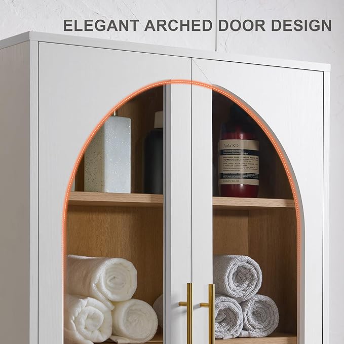 Bathroom Wall Cabinet, 23.5×31.4'' Storage Cabinet, Arched Cabinet Wall Mount with Adjustable Shelf & Glass Doors, Medicine Cabinet for Laundry Room, Bathroom, Kitchen, Living,White/Natural Oak,1PC - Image 5