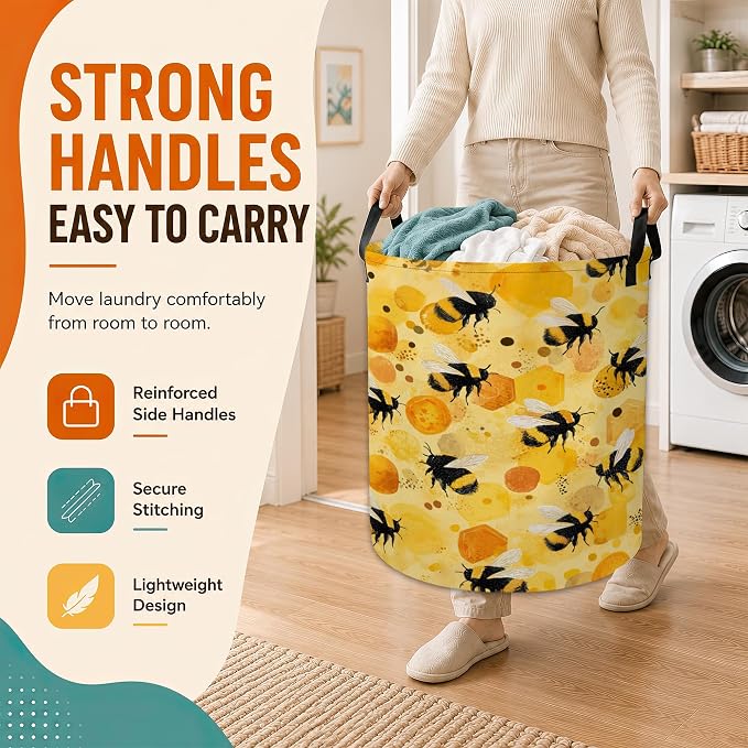 Cute Bee Laundry Basket,Foldable Oxford Laundry Hamper with Handles,Collapsible Clothes Storage Basket for Bedroom,Bathroom,or Laundry Room,20.8 x 16 Inches - Image 5