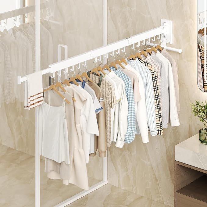 HEILAIYI Wall Mounted Clothes Hanger,Clothes Drying Rack,Laundry Drying Rack,Clothes Rack Wall Mount,Drying Rack Clothing,Retractable,Collapsible,can Fold Upward & Left & Right (Upgrade-White) - Image 5