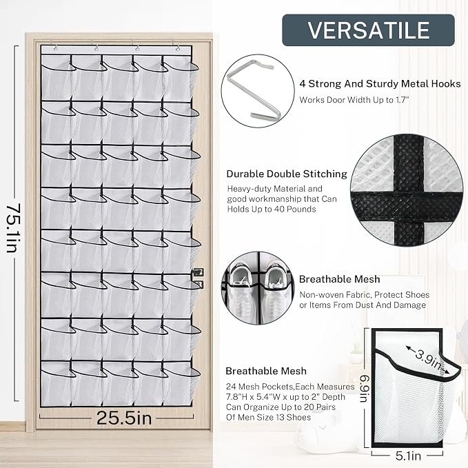 40-Pocket Over the Door Shoe Organizer - Large Mesh Pocket Hanging Shoe Organizer,Behind the Door Shoes Storage Holder Hanger,Large Capacity Design for Dorm Room College,Store 20 Pairs(Grey) - Image 3