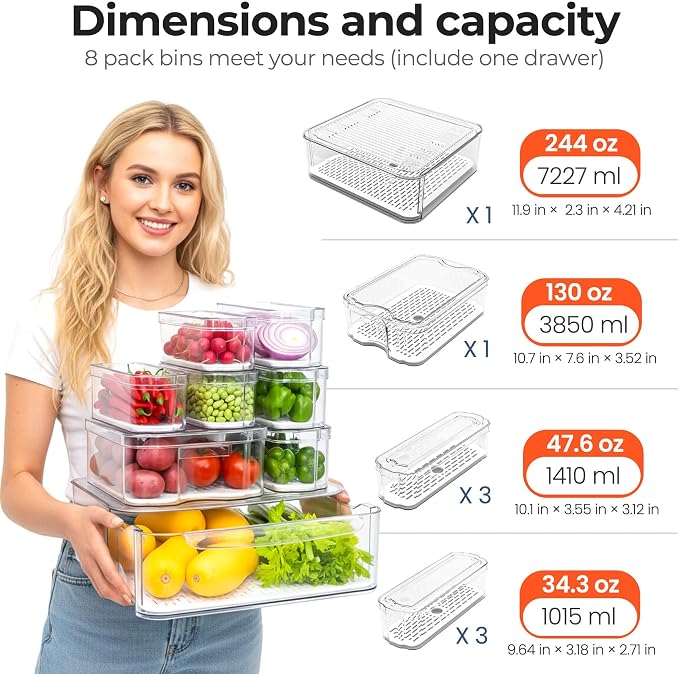 SMRCAD Clear Fridge Bins with Drain Trays - BPA-Free PET, Stackable(8 Pack) - Image 3