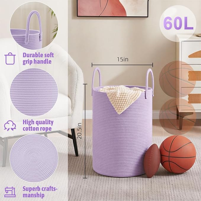 Artfeel Laundry Basket,Woven Cotton Rope Laundry Hamper,60L for Decorative Storage of Dirty Clothes,Toys and Blankets in Bathroom,Baby Room and Living Room - Image 6