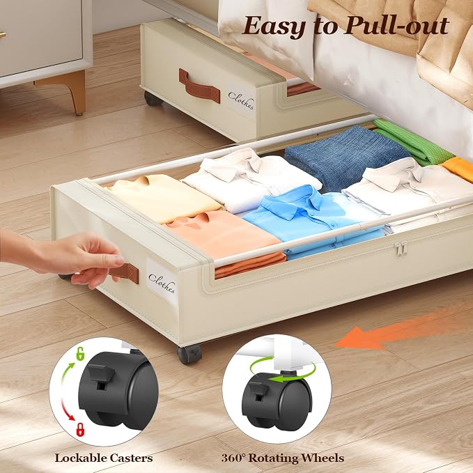 Yecaye 70 L Under Bed Storage with Wheels, 3 Pack Larger Capacity Under Bed Storage Containers, Underbed Shoe Storage Organizer, Rolling Under Bed Metal Drawers for Clothes, Blankets, Beige - Image 4