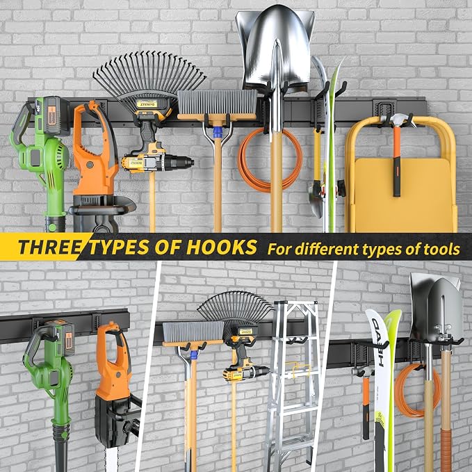 UUP 48" Garage Tool Organizer Wall Mount, 440lbs Garden Garage Storage Garage Organization with Adjustable Heavy Duty Hanging Hooks, Yard Rack Hanger System Shovel Rake Broom Ladder Holder, Men Gift - Image 6
