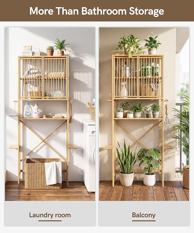 Afuly Bamboo Over the Toilet Storage Cabinet with Doors, Natural - Image 7