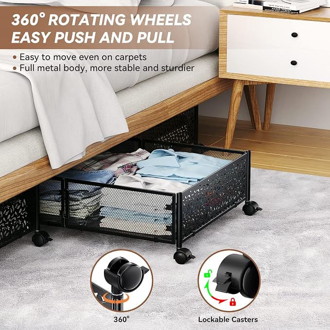 PHINOX Under Bed Storage with Wheels,Patterned,Sturdy Metal,4 Pack,Black | Tool-free assembly, glide smoothly, easy reach, foldable, maxmazie low-profile beds, dorm, keep seasonal clothes, shoes fresh - Image 4