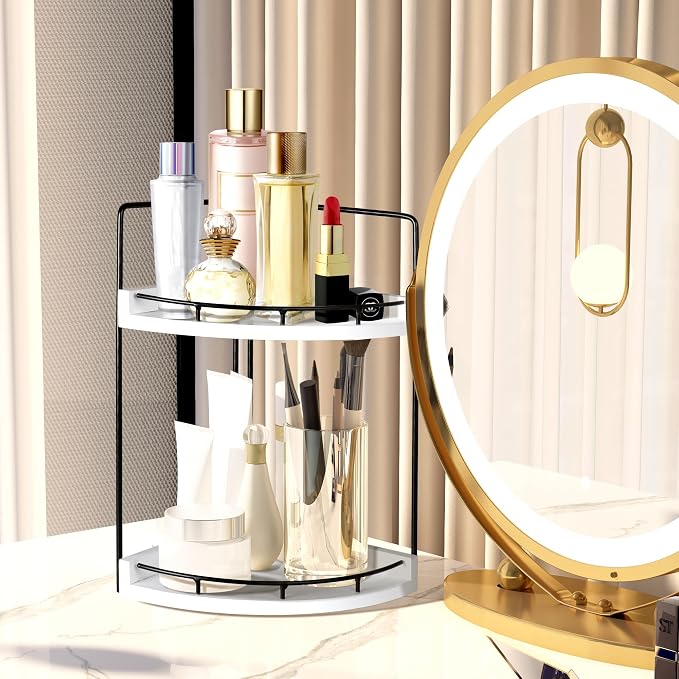 2 Tier Bathroom Counter Organizer, Bathroom Counter Tray and Vanity Organizer, Wood Corner Countertop for Kitchen, Dresser (White) - Image 2