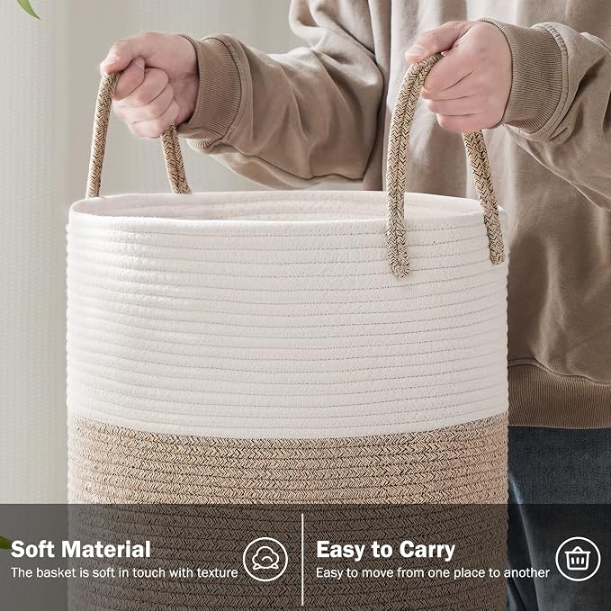 YOUDENOVA Woven Rope Laundry Hamper Basket, 58L Tall Laundry Basket, Baby Nursery Hamper for Blanket Storage in Bedroom-Large-Brown - Image 3