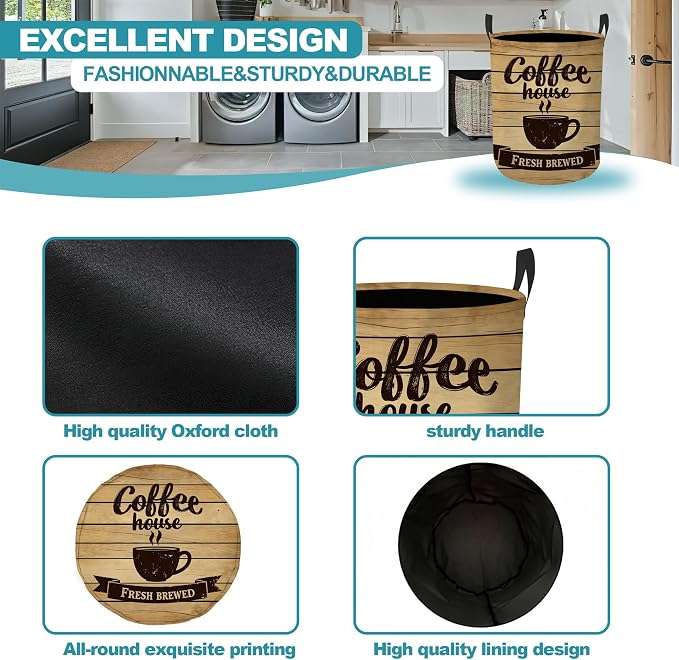 Laundry Basket,Coffee House Foldable Clothes Hamper with Handles,Rustic Wooden Cafe Waterproof Oxford Cloth Storage Organizer for Bedroom Bathroom College Dorm,16" x 20" - Image 6