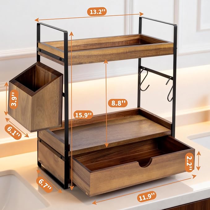 2-Tier Bathroom Counter Organizer, Acacia Wood Vanity Shelf with Drawer - Image 2