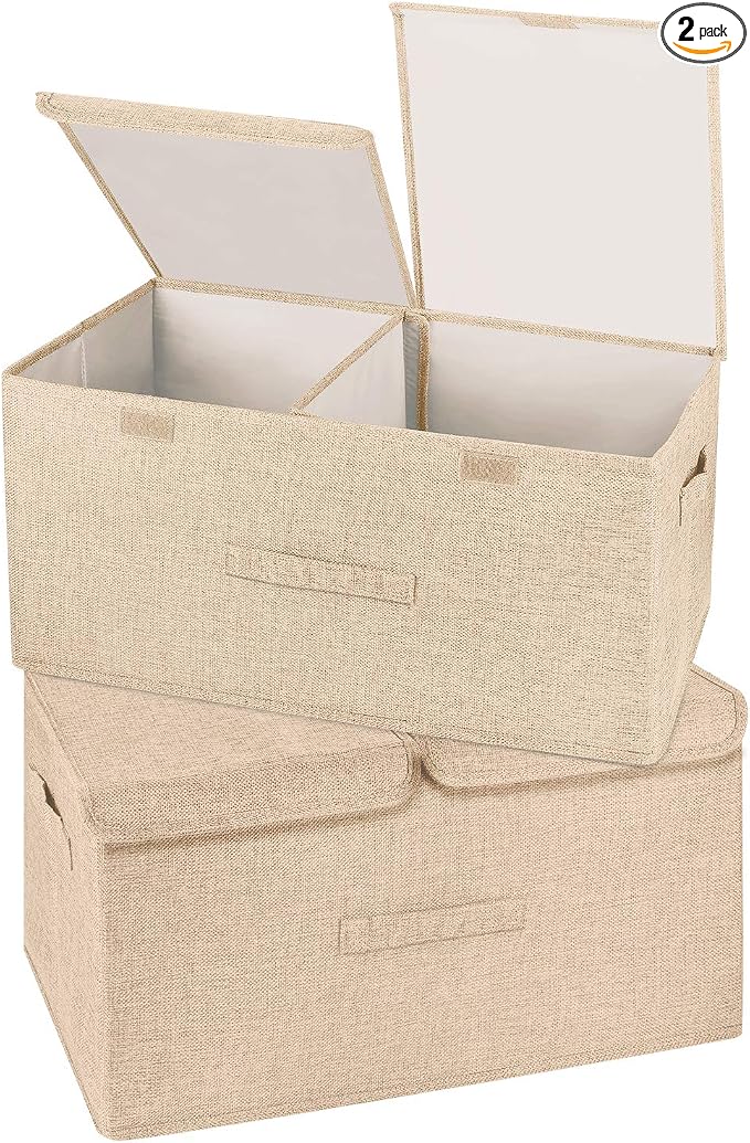 2 Pack Large Storage Boxes with Lids and Handles, Collapsible Linen Storage Bins Organizer Containers Baskets Cube with Removable Divider for Home Bedroom Closet Office (Khaki, Large) by Unknown
