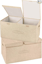 2 Pack Large Storage Boxes with Lids and Handles, Collapsible Linen Storage Bins Organizer Containers Baskets Cube with Removable Divider for Home Bedroom Closet Office (Khaki, Large) by Unknown