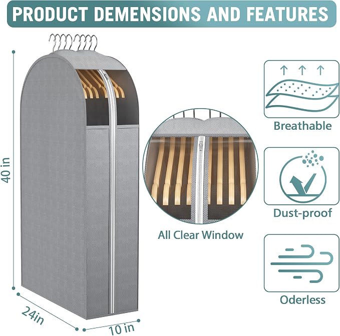 Liuoud 10" Gusseted Garment Bags for Hanging Clothes with Clear Window, 40" | Suit Bags for Closet Storage with Large Metal Zipper, Breathable odorless Hanging Plastic Clothes Cover for Coat Dress Fur - Image 2