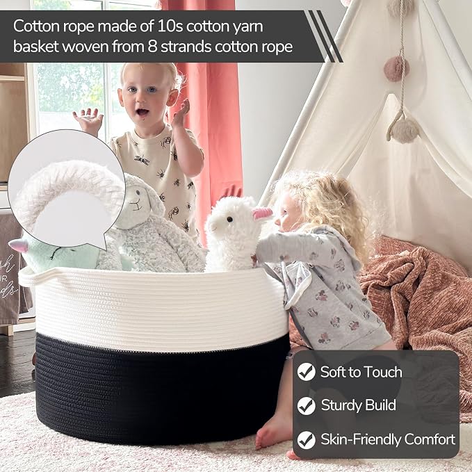 INDRESSME XXXLarge Woven Rope Blanket Basket Living Room White Black, 90L - Image 2